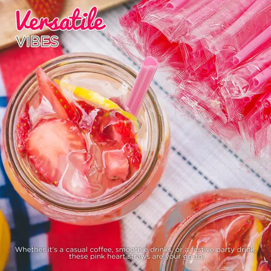 4E's Novelty 100 Pink Heart Straws - Individually Wrapped Heart Shaped Straws for Valentine&rsquo;s Day, Cute Disposable Straws for Parties & Drinks {5}