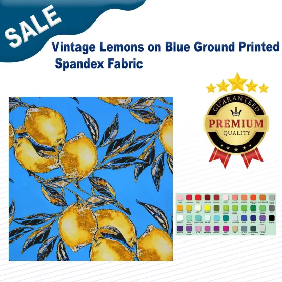 Vintage Lemons on Blue Ground Printed Spandex Fabric {2}