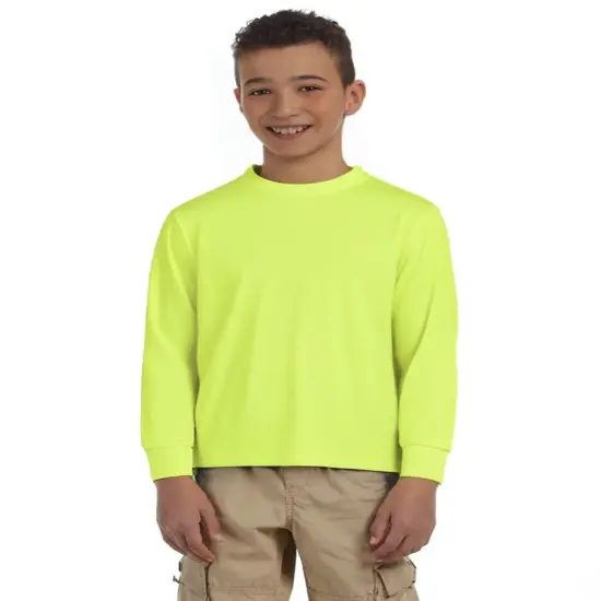 JERZEES&reg; Dri-Power Youth Poly Cotton Long Sleeve Crewneck T-Shirt Safety green {1}