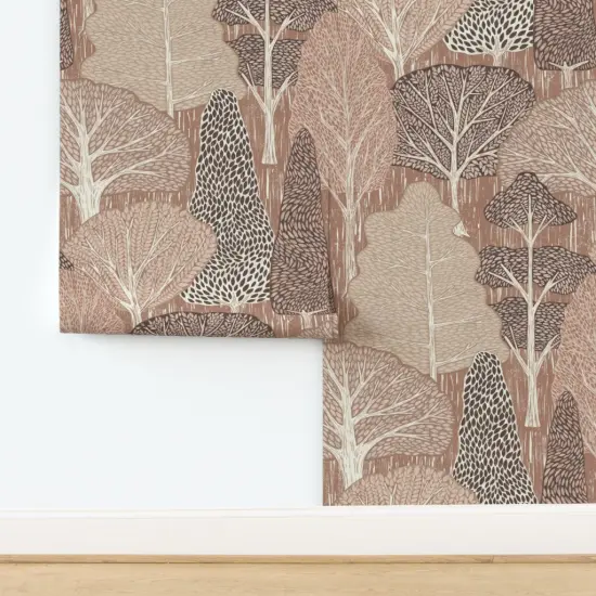 Peel & Stick Wallpaper 2FT Wide Nature Forest Trees Wallpaper Hand Drawn Neutral Monochromatic Rustic Peaceful Earth Tone Custom Removable Wallpaper by Spoonflower 18334324 {1}