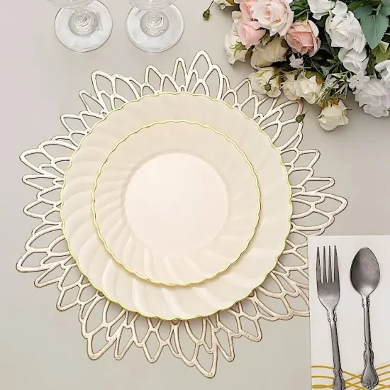 10 Ivory 8" Round Disposable Plastic Salad PLATES Gold Swirl Design Trim Party {3}