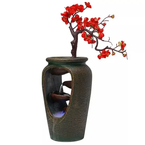 Flower Vase Waterfall Table Top LED Light Indoor Water Fountain FengShui Decor {1}
