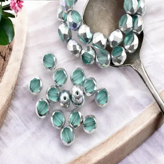 *15* 8mm Silver Washed Aqua 2 Cut Fire Polished Round Beads {4}