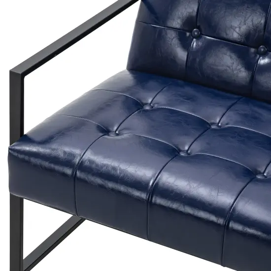 30.5"H Mid-Century Modern Leatherette Button-tufted Accent Arm Chair with Black Metal Frame Navy blue {5}