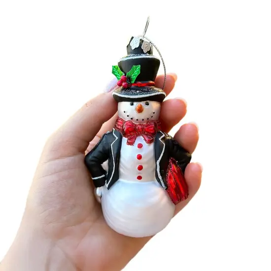 Dapper Gentleman Snowman Glass Christmas Ornament, Refined Handblown Holiday Tree Decor {3}
