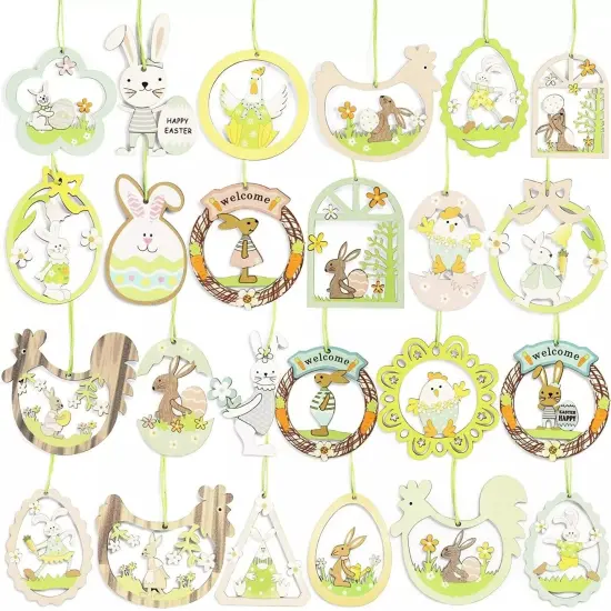 24x Easter Unfinished Wood Ornaments, Eggs Chicken Rabbit Cutout for Party Decor {3}