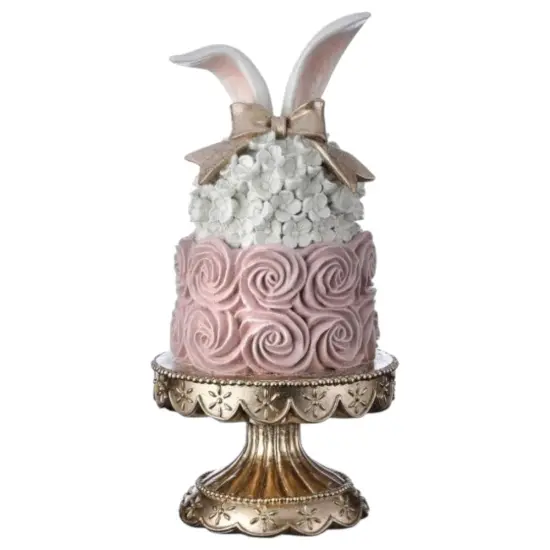 13.5" Resin Easter Cake with Bunny Ears on Pedestal &ndash; Elegant Spring Decoration {1}