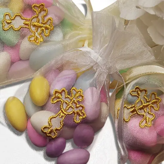 Golden Cross Embroidered Organza Bags 4'' x 6'' Favors {7}