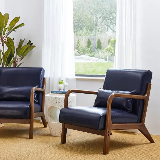 Set of 2 30.75"H Mid-Century Modern PU Leather Armchair Accent Chairs with Pillow Blue {2}