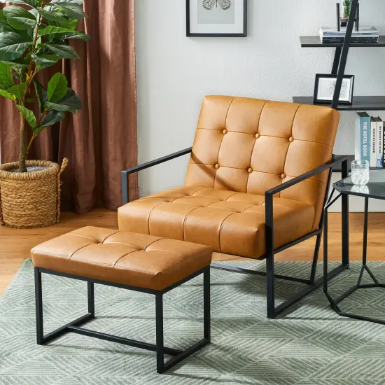 Set of 2 Modern Hunter Thick Leatherette Accent Chair & Accent Stool Camel {1}