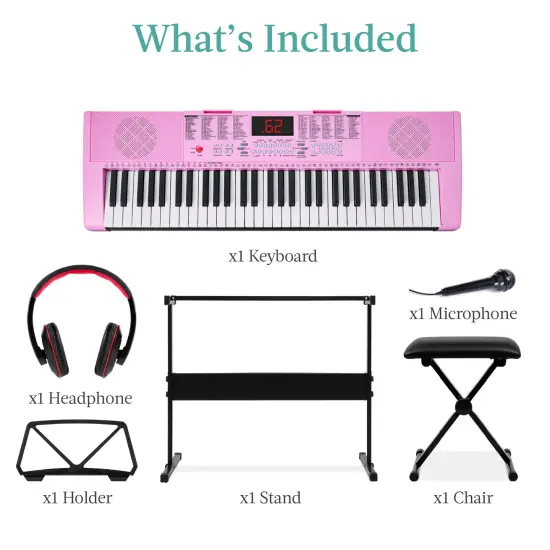 Best Choice Products 61-Key Beginners Electronic Keyboard Piano Set w/ LED, 3 Teaching Modes, H-Stand, Stool Pink {4}