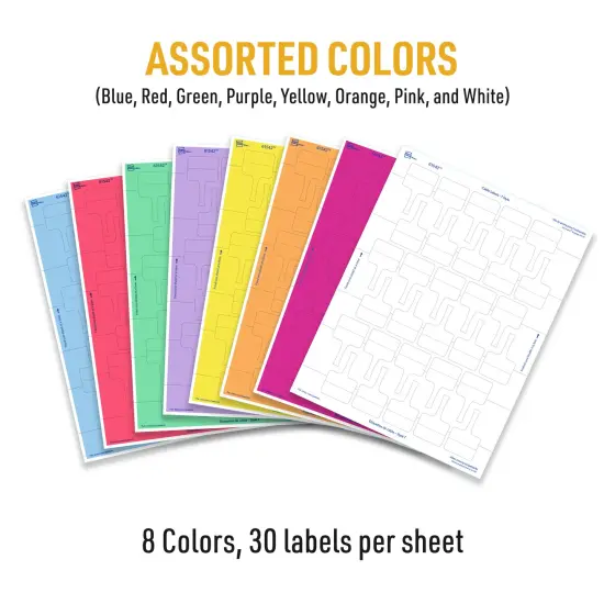 Avery Cable Labels, T-Style Self-Adhesive Cord Labels, 1.25" x 2",8 Colors, Tear-Resistant Wire Labels, Laser/Inkjet and Handwrite-Compatible, 240 Wire Marking Labels Total (61542) {6}