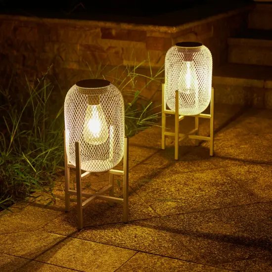 Set of 2 White Metal Mesh Solar Powered Edison Bulb Outdoor Lantern with Stand {2}