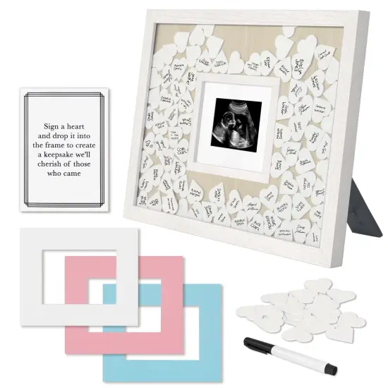 Americanflat 12x16 Baby Shower Guest Book with 80 Heart Tokens - Fits 3x4 Baby Sonogram or Photo - Includes Pink and Blue Mats {1}