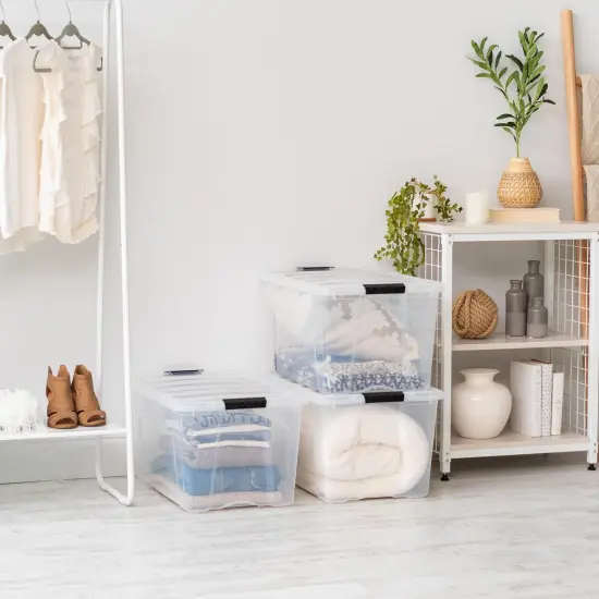 IRIS USA 72 Qt Stackable Plastic Storage Bins with Lids, 6 Pack, Latches, Durable Nestable Containers, Secure Pull Handle - Clear {4}