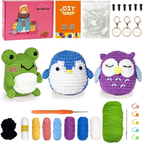 Crochet Kit for Beginners - 3 Pattern Animals Owl, Penguin and Frog {1}