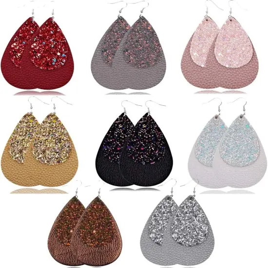 Two-Layer Teardrop Leather Earrings Women Boho Drop Dangle Hook Jewelry Pink 3 {2}