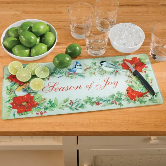 Collections Etc Season of Joy Poinsettia Birds Glass Cutting Board {1}