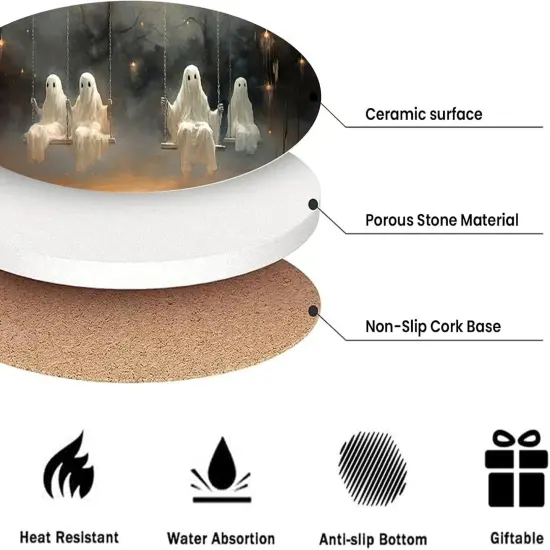 Halloween Ghost Coasters for Drinks Set of 6,Round Absorbent Ceramic {5}