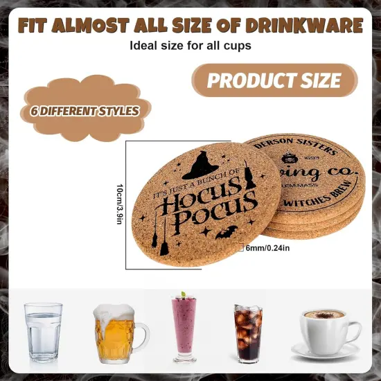6Pcs Halloween Cork Coasters with Holder Hocus Pocus Round {2}
