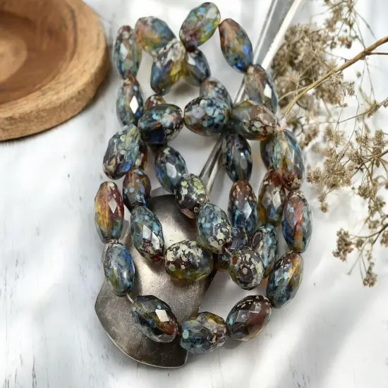 *12* 12x8mm Moss Amber Picasso Fire Polished Faceted Oval Beads {1}