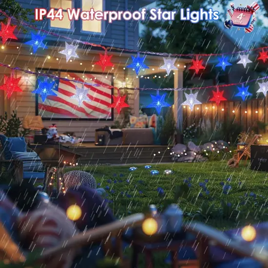50 LED Red White and Blue String Lights Outdoor Battery Powered, 4th of July Decorations Star Lights with Remote, 8 Modes Patriotic Decor Waterproof for Independence Memorial Day National Day {3}