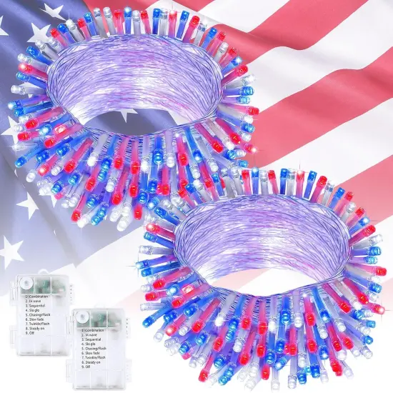 2 Pack Red White and Blue Fairy Lights Battery Operated, 33FT 100LED July 4th Patriotic String Lights with Timer, 8 Modes Waterproof Twinkle Light Indoor Outdoor for Independence Day National Day {5}