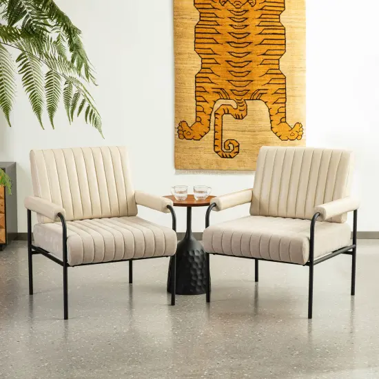 29.5"W Leatherette and Fabric Combination Armchair With Padded Arms Set of 2-Beige {2}