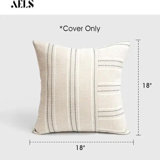18x18 Decorative Farmhouse Linen Throw Pillow Covers, Boho Textured Pillow Case, Set of 2, Beige with White & Gray Stripe Patchwork Cushion Cover for Sofa Couch Living Room (Cover ONLY) {2}