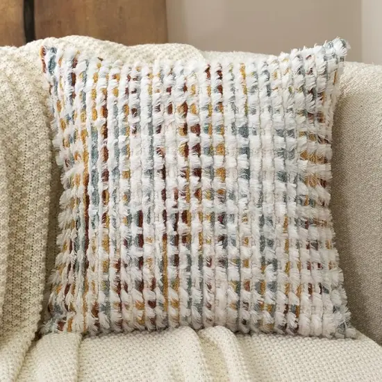 Boho Chenille Tufted Pillow Cover 18x18 Inch, Decorative Square Throw Pillow Cover Neutral Pillowcase for Couch Bedroom Living Room, Orange White {2}