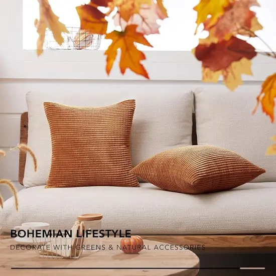 Corduroy Throw Pillow Covers, Soft & Decorative Cushion Covers, Machine Washable, Set of 2 for Sofa, Couch, Bedroom & Living Room, Orange, 22x22 Inch {3}