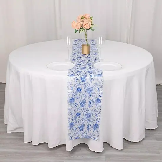 White 12x108 in Satin TABLE RUNNER Blue Floral Design Party Events Decorations {4}