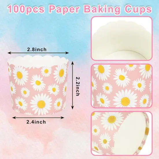 100Pcs Daisy Flower Paper Baking Cups Pink White Floral Cupcake Wrappers Scalloped Edge Cupcake Muffin Cases for Spring Birthday Party Supplies {2}