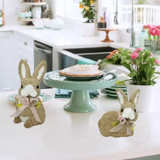 10 Inches Sisal Bunny Easter Decor,Set of 2 Easter Bunny w Spring Decor Bow as Easter Decorations {4}