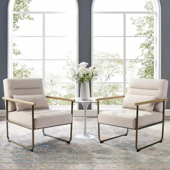 33.25"H Mid-Century Modern Beige Fabric Accent Arm Chair with Metal Frame {7}