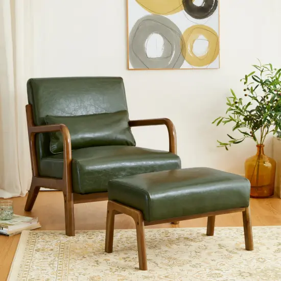 30.75"H Mid-Century PU Leather Armchair with Ottoman Set Green {1}