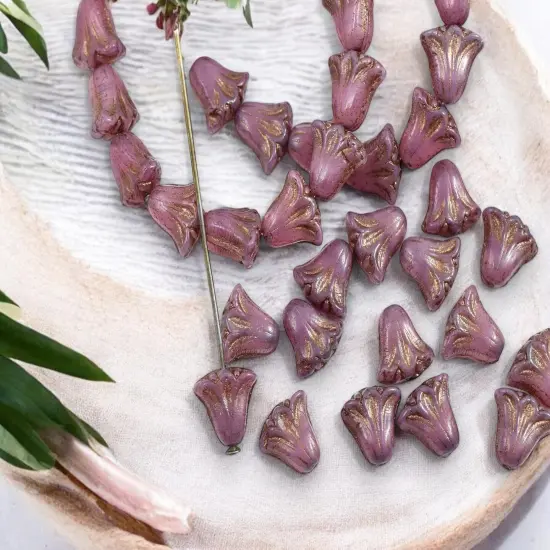 *15* 9x10mm Bronze Washed Pink Opaline Lily Flower Beads {3}