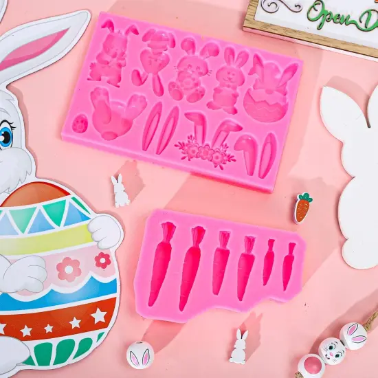 2Pcs Easter Fondant Molds Cute Bunny Pattern 3D Silicone Moulds Assorted Rabbit Carrots Flowers Resin Molds Easter Cupcake Cookie Baking Decorating Moulds for Spring Holiday Party DIY Candy {5}