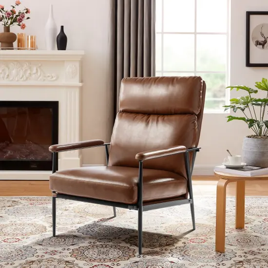 33.75"W Mid-Century Modern Leatherette Armchair With High Back and Padded Arms Set of 2-Brown {11}