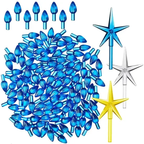 108 Replacement Blue Ceramic Christmas Tree Twist Light Bulbs, 3 Star Toppers {4}