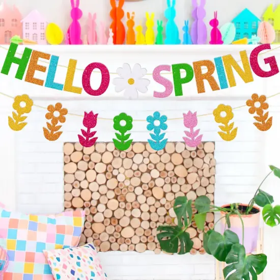 Hello Spring Banner Welcome Spring Party Decorations with Bouquet of Flowers Garland for Kids Boy Girl Celebrate Happy Spring Colorful Glitter Party Supplies {4}
