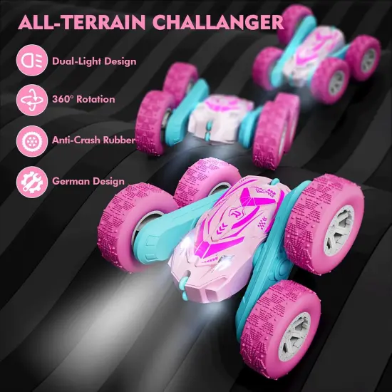 Remote Control Car for Girls, RC Cars with Headlights Double-Sided Driving 360&deg; Flips Rotating for Kids Ages 4-7 8-12 Year Old, RC Stunt Car Toys for Boys and Girls Birthday Gift Pink {2}