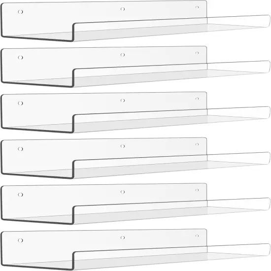6 Pack Acrylic Shelves for Wall Storage, 15" x 4&ldquo; Floating Bookshelves for Kids, Display Shelf Organizer for Bathroom, Bedroom, Living Room, Kitchen, Room Decor, Clear {1}