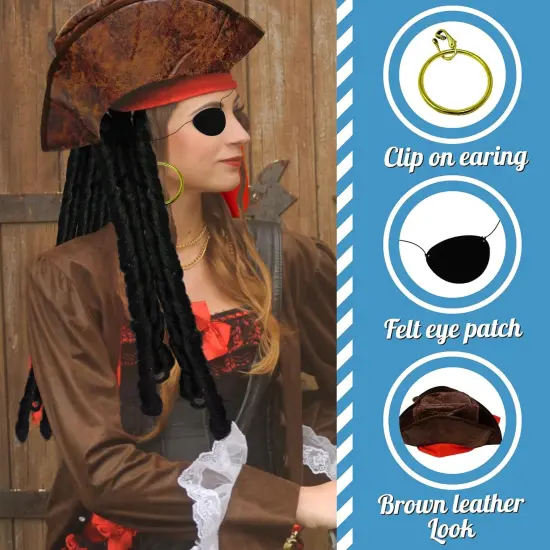 4E's Novelty Eye Patch, Pirate Hat with Dreadlocks Hair & Red Bandana (3 Pcs Set) - Pirate Accessories for Costume, Cosplay & Birthday Party Decors {5}