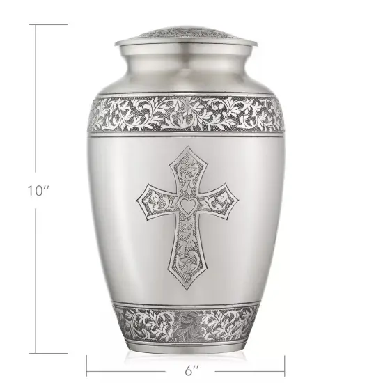 Adult Cremation Funeral Urn for Human Ashes, Pewter Etched Cross with Velvet Bag {4}