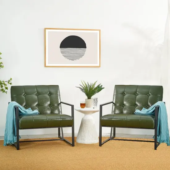 30.5"H Mid-Century Modern Leatherette Button-tufted Accent Arm Chair with Black Metal Frame Green {1}