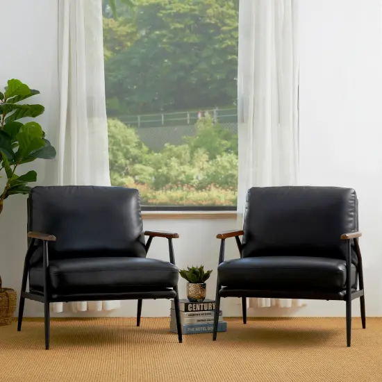 28"W Mid-century Modern Soft PU Leather Accent Armchair Set of 2-Black {7}