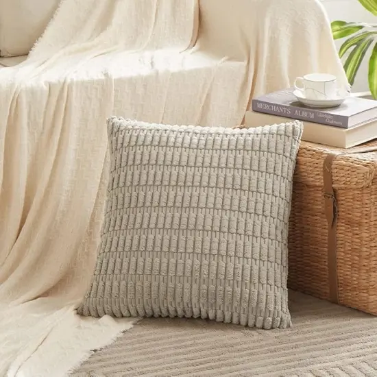 4 Packs Neutral Decorative Throw Pillow Covers 18x18 Inch for Living Room Couch Bed Sofa, Rustic Farmhouse Boho Home Decor, Soft Plush Striped Corduroy Square Cushion Case 45x45 cm {2}