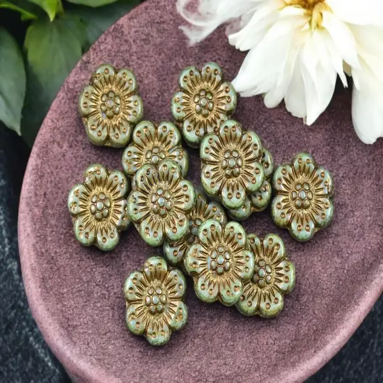 *12* 14mm Dark Bronze Washed Opaque Sage Green Picasso Wildflower Beads {2}