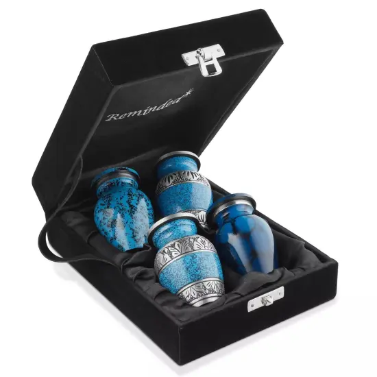 Small Keepsake Cremation Urns for Human Ashes, Set of 4 Blue and Silver w Case {1}